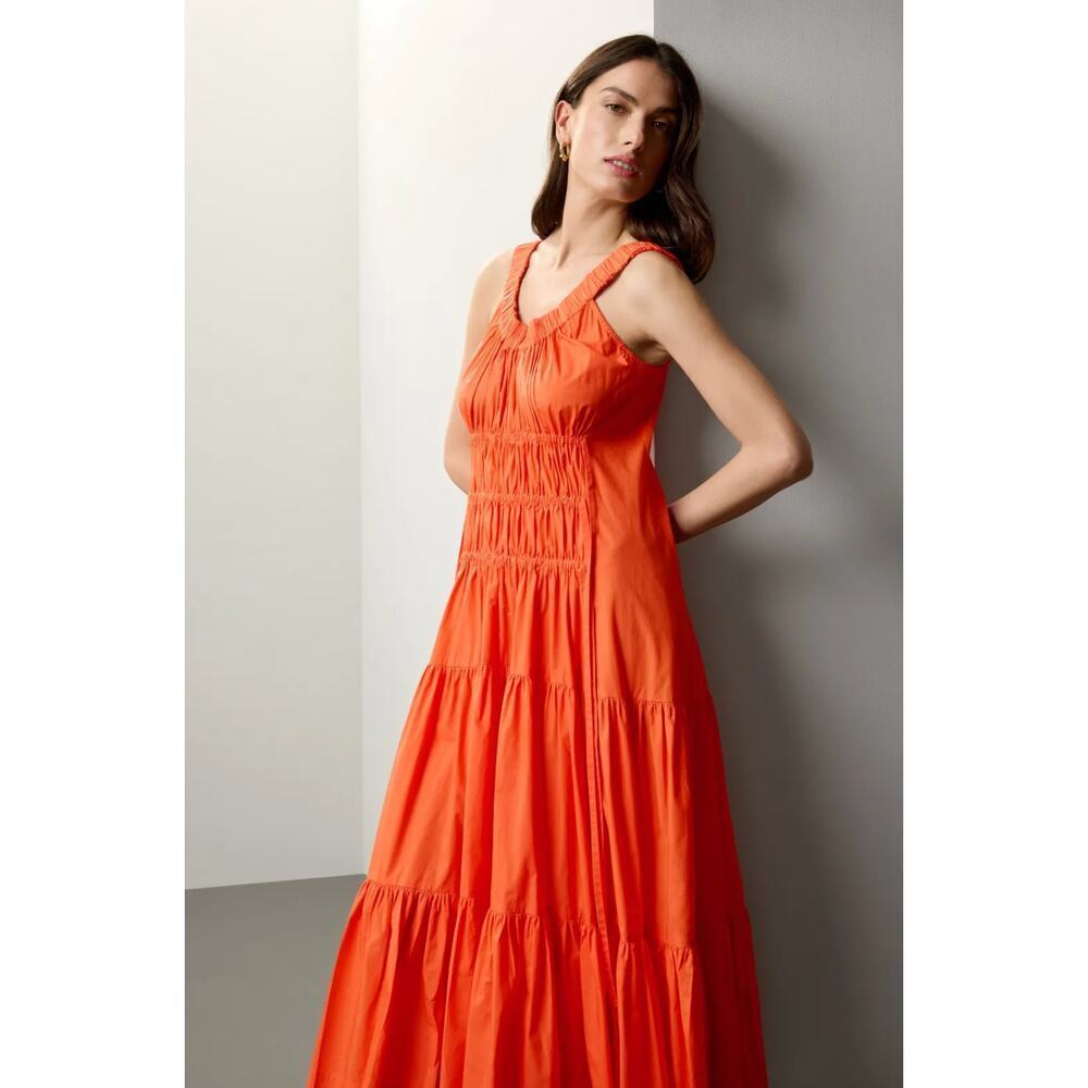 Eudon Choi Sleeveless Tiered Midi Ruched Tiered Dress SZ 8 in Orange